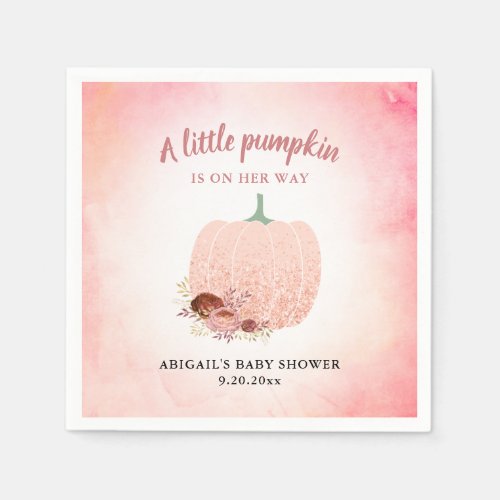 Rose Gold Glitter A Little Pumpkin Baby Shower Napkins - This autumn baby shower party napkin features a graphic of a pumpkin accented with watercolor flowers and rose gold glitter. 
