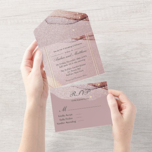 Rose Gold Glitter Agate Alcohol Ink Wedding  All In One Invitation