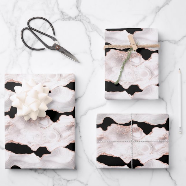 Rose Gold Glitter Agate Black White Swirl  Wrapping Paper Sheets (Front)