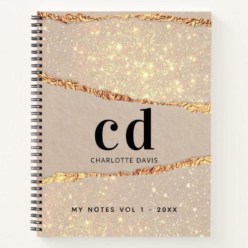 Rose gold glitter agate marble monogram note notebook