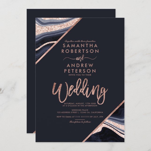 Rose gold glitter agate marble typography wedding invitation (Front/Back)