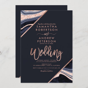 Rose gold glitter agate marble typography wedding invitation