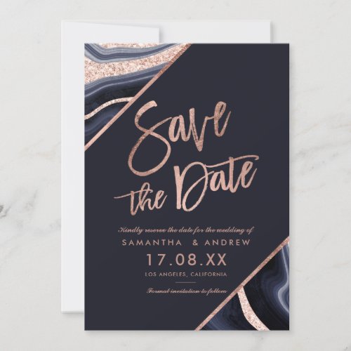 Rose gold glitter agate navy blue save the date