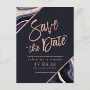 Rose gold glitter agate navy blue save the date announcement postcard
