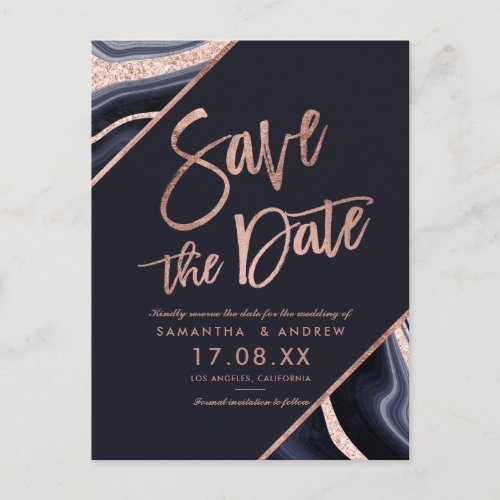 Rose gold glitter agate navy blue save the date announcement postcard