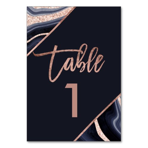 Rose gold glitter agate navy blue table number