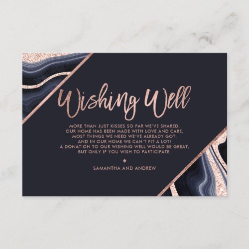 Rose gold glitter agate navy blue wishing well enclosure card