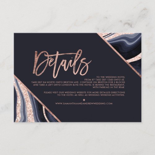 Rose gold glitter agate script wedding direction enclosure card