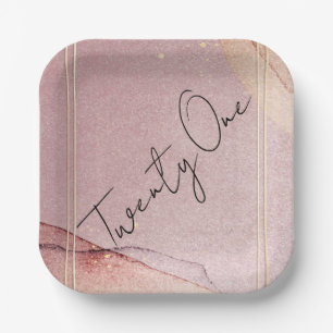 Rose Gold Glitter Alcohol Ink 21st Birthday Party Paper Plates