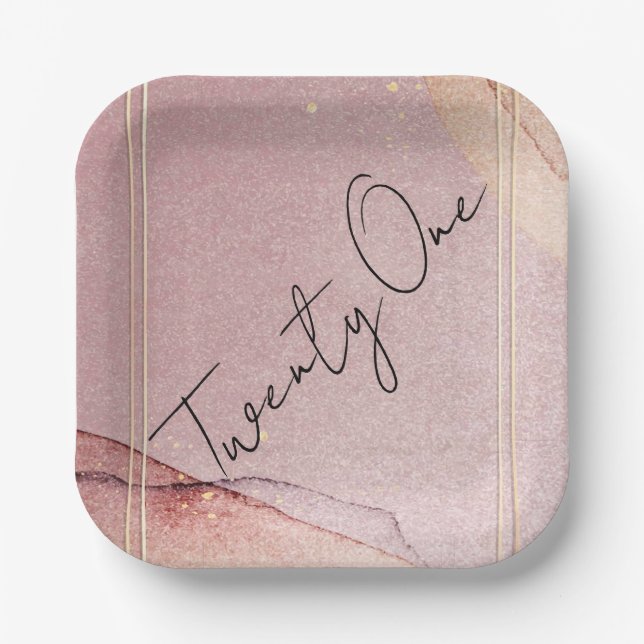 Rose Gold Glitter Alcohol Ink 21st Birthday Party Paper Plates (Front)
