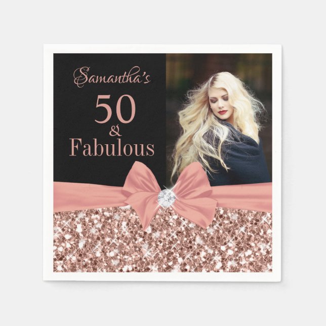 Rose Gold Glitter and Black 50th Birthday photo Napkins (Front)