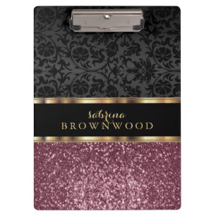Rose Gold Glitter and Black Damask Clipboard