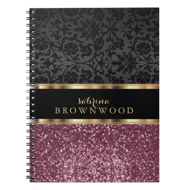 Rose Gold Glitter and Black Damask  Notebook (Front)