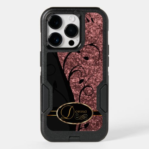 Rose Gold Glitter and Black Floral _ DIY Name OtterBox iPhone 14 Pro Case