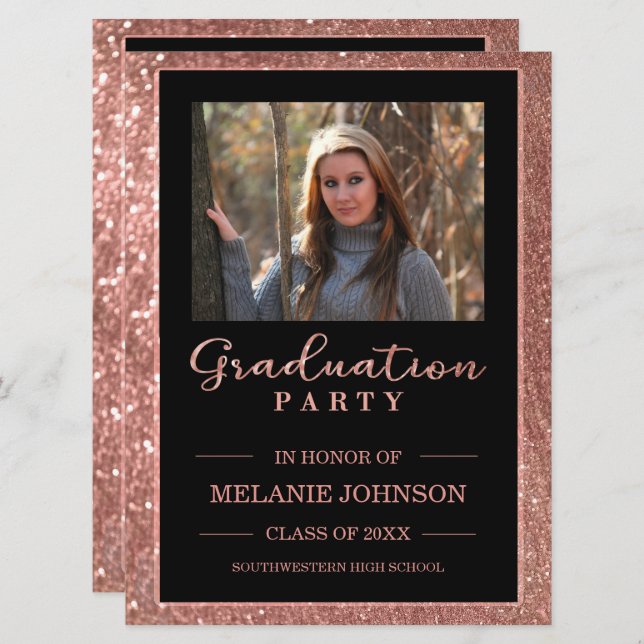 Rose Gold Glitter and Black Graduation Invitation (Front/Back)