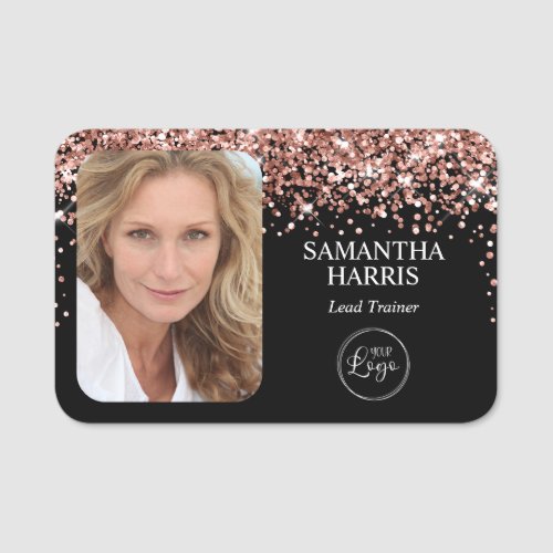 Rose Gold Glitter and Black Logo and Photo Name Tag