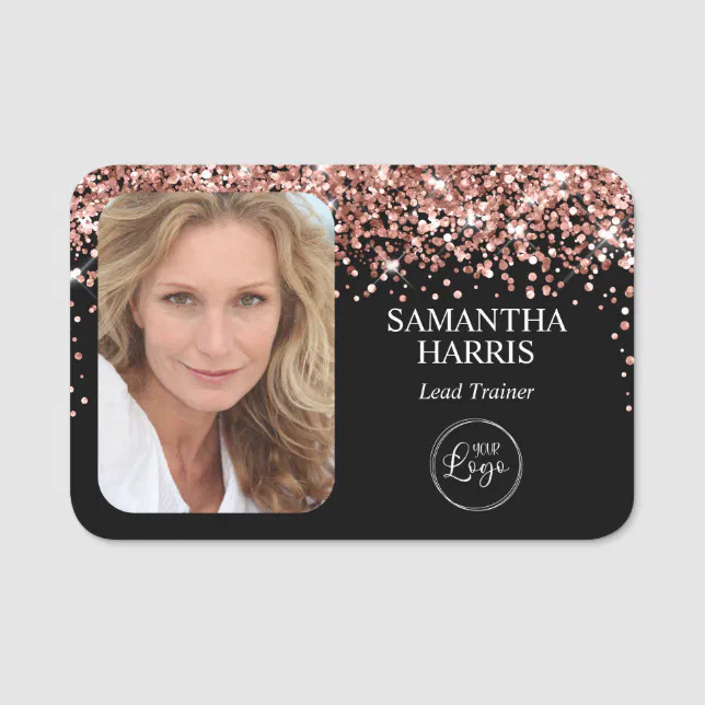 Rose Gold Glitter and Black Logo and Photo Name Tag Zazzle