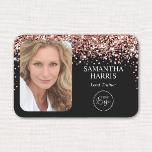 Rose Gold Glitter and Black Logo and Photo Name Tag