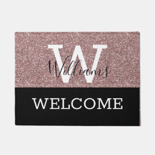 Rose Gold Glitter And Black Monogram Name Wedding Doormat