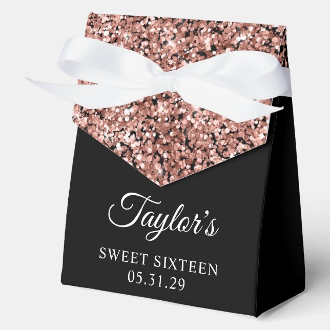 Rose Gold Glitter and Black Sweet Sixteen Favor Boxes (Front)