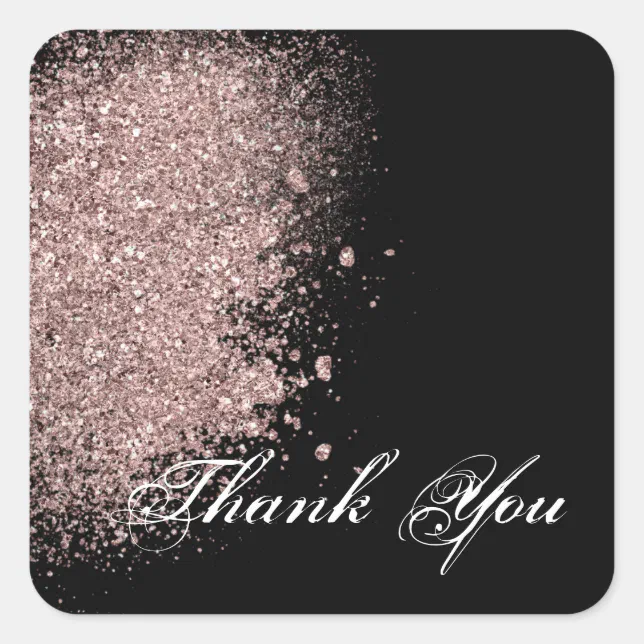 Rose Gold Glitter and Black Thank You Square Sticker | Zazzle