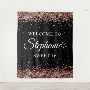 Rose Gold Glitter and Black Welcome to Sweet 16 Tapestry