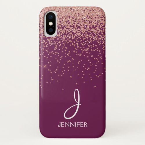 Rose Gold Glitter and Burgundy Monogrammed iPhone X Case