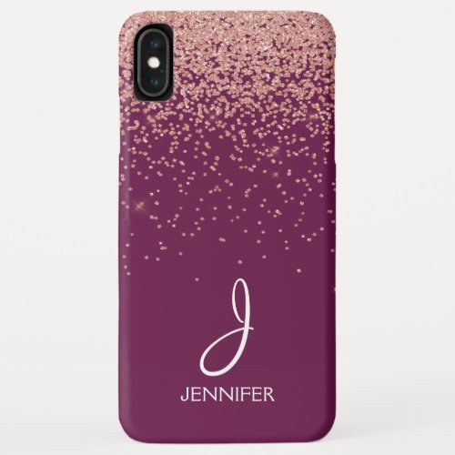 Rose Gold Glitter and Burgundy Monogrammed iPhone XS Max Case