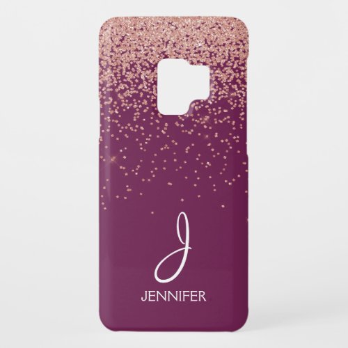 Rose Gold Glitter and Burgundy Monogrammed Case_Mate Samsung Galaxy S9 Case