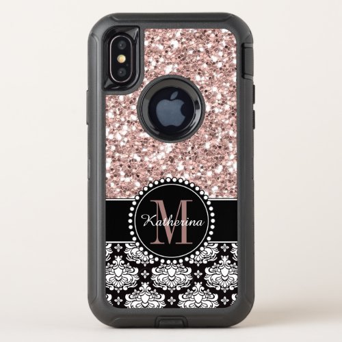 Rose Gold Glitter and Damask Pattern Monogrammed OtterBox Defender iPhone XS Case