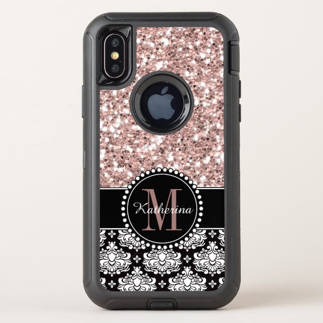 Rose Gold Glitter and Damask Pattern, Monogrammed Otterbox iPhone Case (Back)