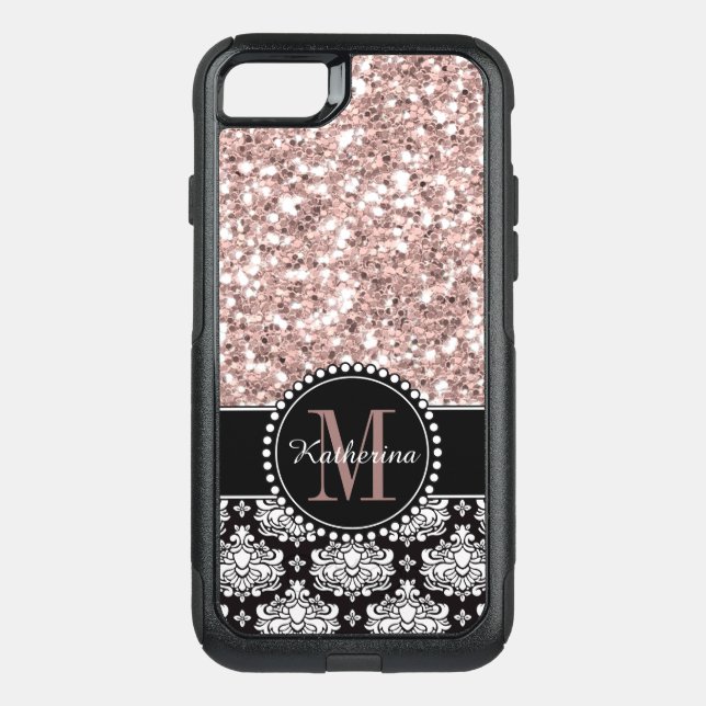 Rose Gold Glitter and Damask Pattern, Monogrammed Otterbox iPhone Case (Back)