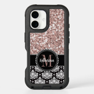 Rose Gold Glitter and Damask Pattern, Monogrammed iPhone 16 Case