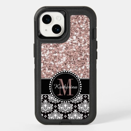 Rose Gold Glitter and Damask Pattern Monogrammed  OtterBox iPhone 14 Case