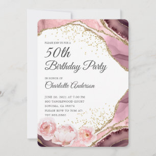 Rose Gold Glitter And Floral 50th Birthday Party Invitation