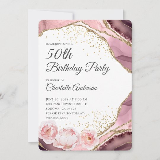 Rose Gold Glitter And Floral 50th Birthday Party Invitation | Zazzle.com