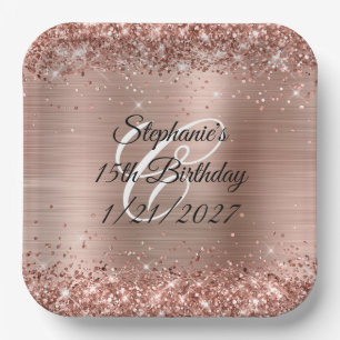 Rose Gold Glitter and Foil 15th Birthday Paper Plates