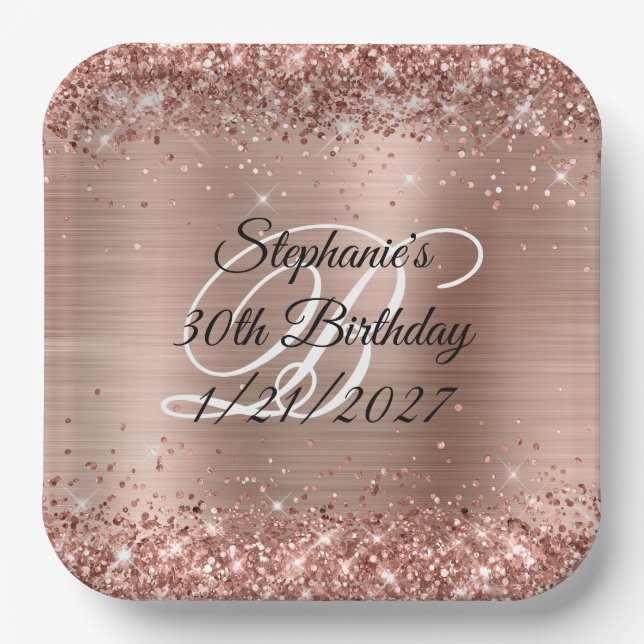 Rose Gold Glitter and Foil 30th Birthday Paper Plates (Front)