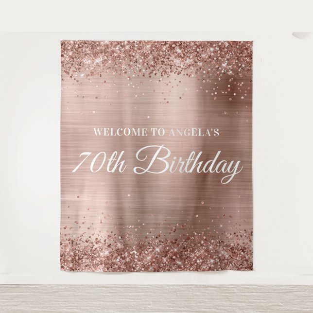 Rose Gold Glitter and Foil 70th Birthday Welcome Tapestry (Front)