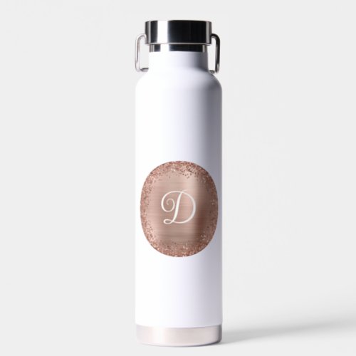 Rose Gold Glitter and Foil Circle Monogram Water Bottle