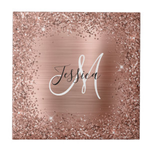 Rose Gold Glitter and Foil Girly Glam Monogram Ceramic Tile