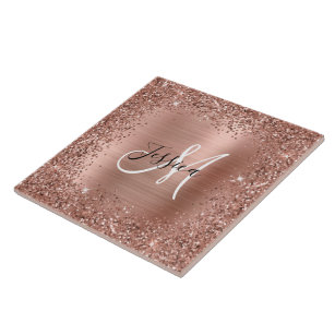 Rose Gold Glitter and Foil Girly Glam Monogrammed Ceramic Tile