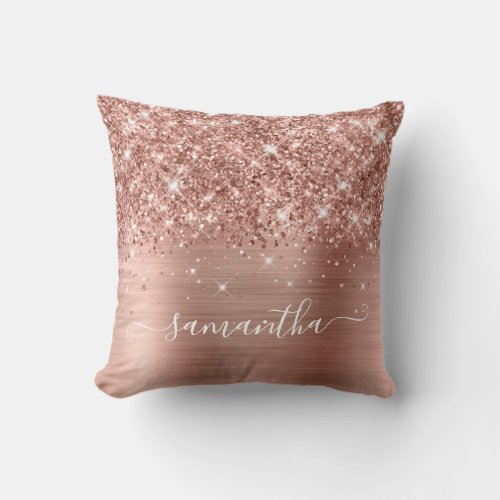 Rose Gold Glitter and Foil Girly Signature Throw Pillow