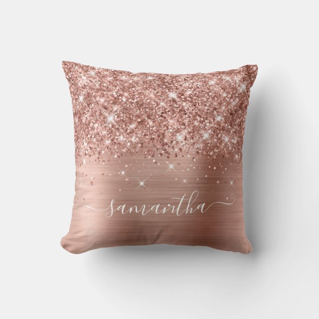 Rose Gold Glitter and Foil Girly Signature Throw Pillow (Front)