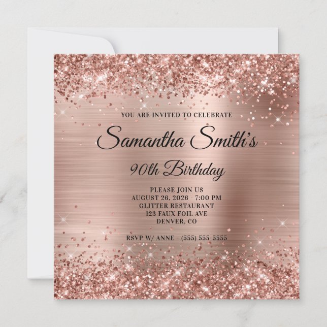 Rose Gold Glitter and Foil Monogram 90th Birthday Invitation (Front)