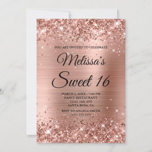 Rose Gold Glitter and Foil Sweet 16 Fancy Monogram Invitation