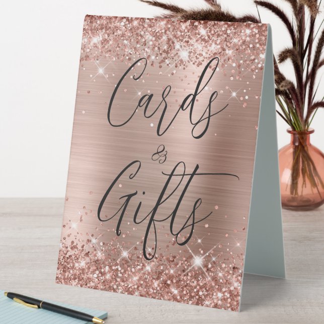 Rose Gold Glitter and Foil Wedding Cards & Gifts Table Tent (In SItu (Table))