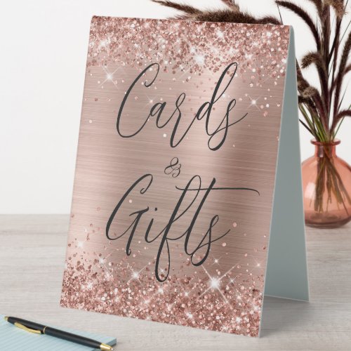 Rose Gold Glitter and Foil Wedding Cards  Gifts Table Tent Sign