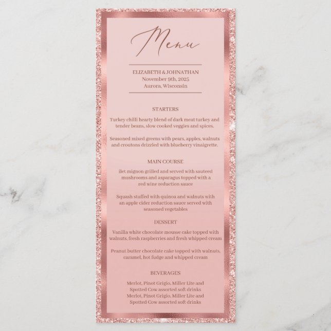 Rose gold glitter and foil wedding dinner menu (Front)
