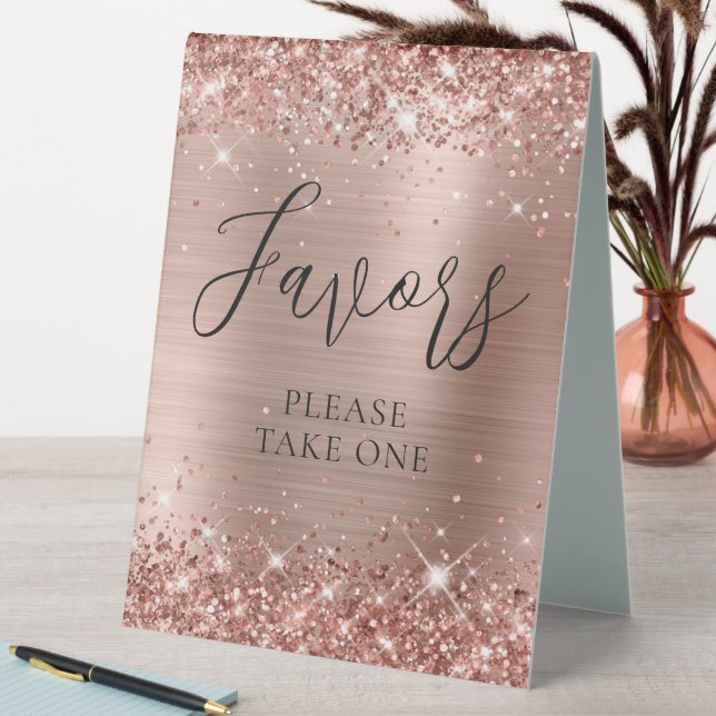 Rose Gold Glitter and Foil Wedding Favors Table Tent (In SItu (Table))